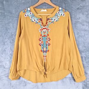 Womens Top Medium Boho Chic Peasant Hippie Floral Embroidered Cottagecore Gold‎